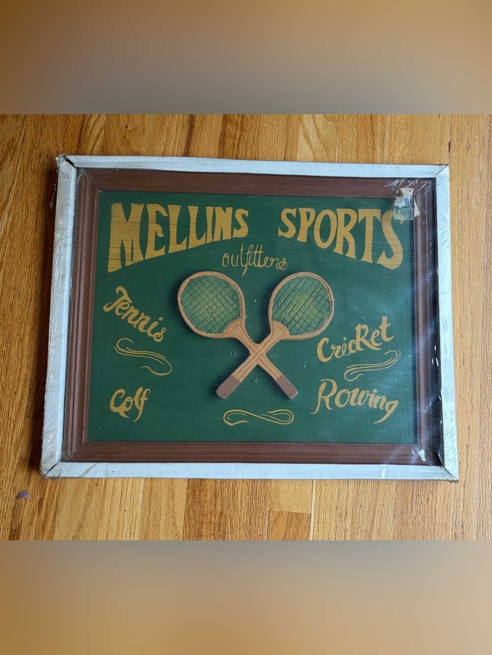 🆕 Rare Vintage Mellins Sports Outfitters Wood Sign tennis cricket golf rowing